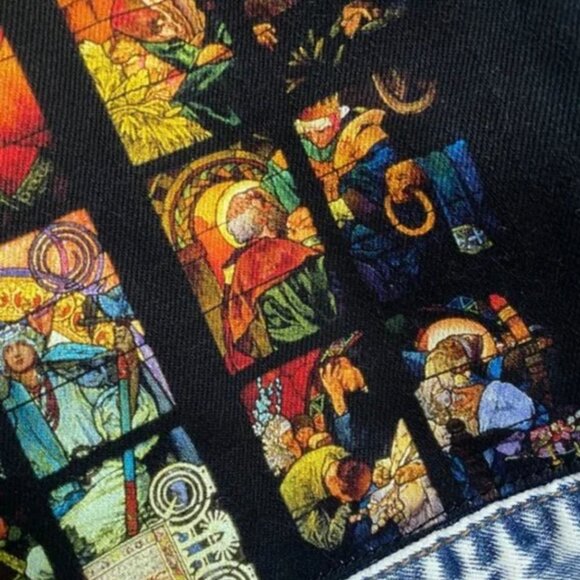 NEW Forever 21 Alphonse Mucha Stained Glass Acid Wash Blue Denim Jacket S - Picture 9 of 10